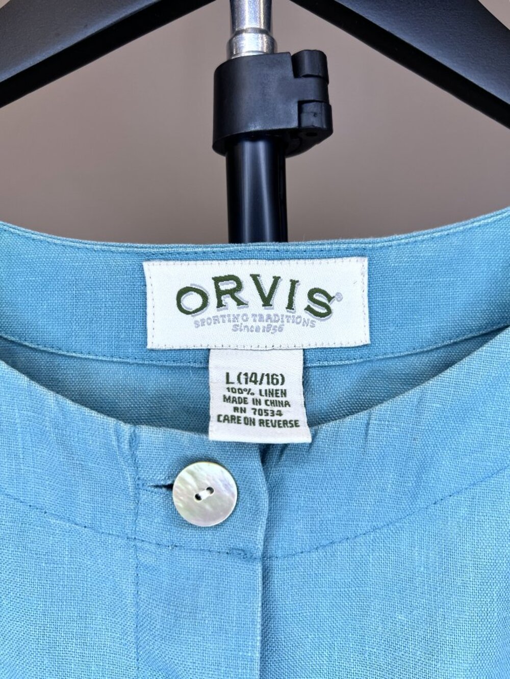 'Orvis' 100% Linen Light Blue Short Sleeve Button Front Shirt - Size L (14/16) - Picture 7 of 8